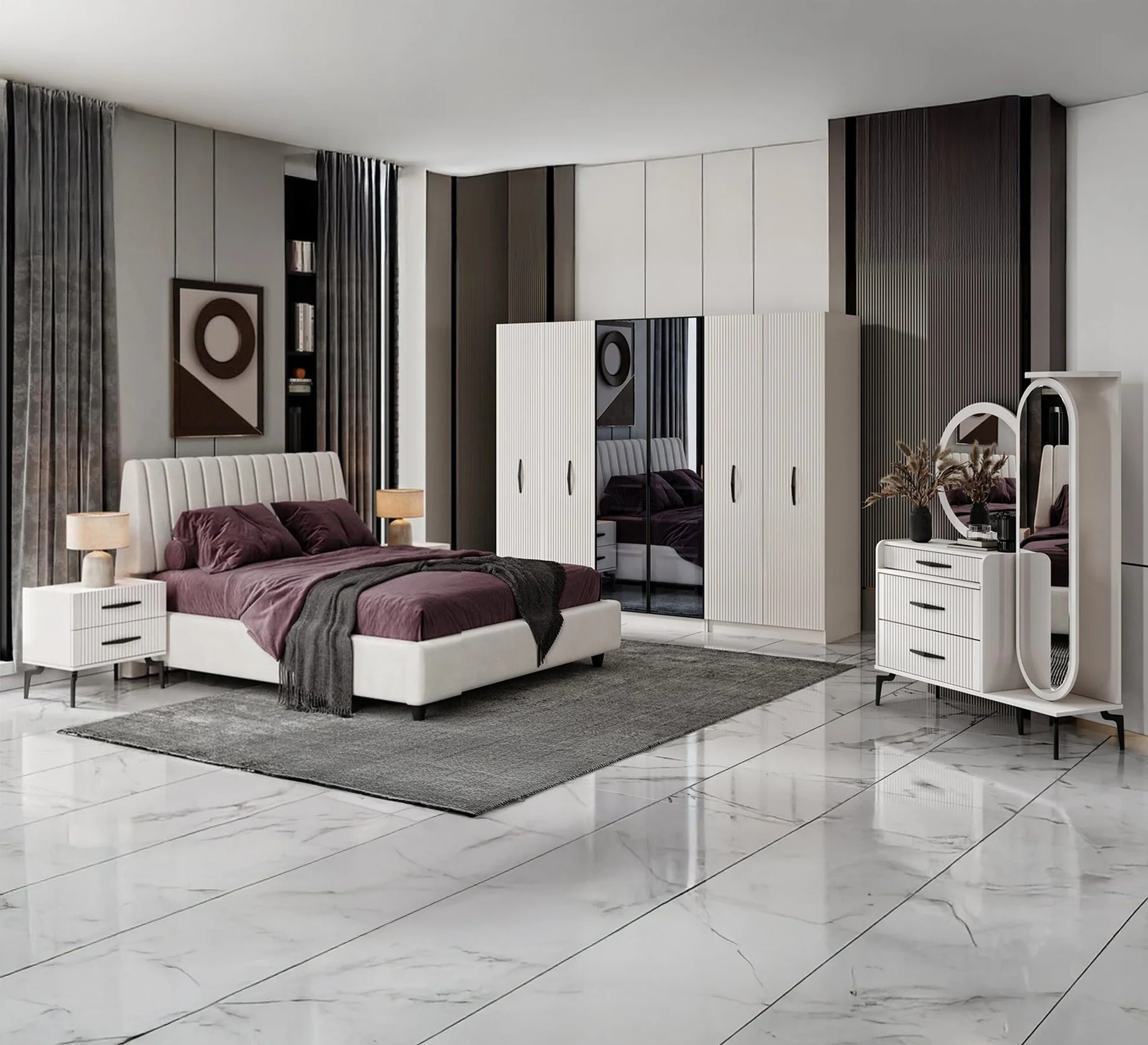 luxurious-off-white-bedroom-with-a-modern-design-furniture-vitrine-furniture-5489923 غرفة نوم نور - الصورة 1
